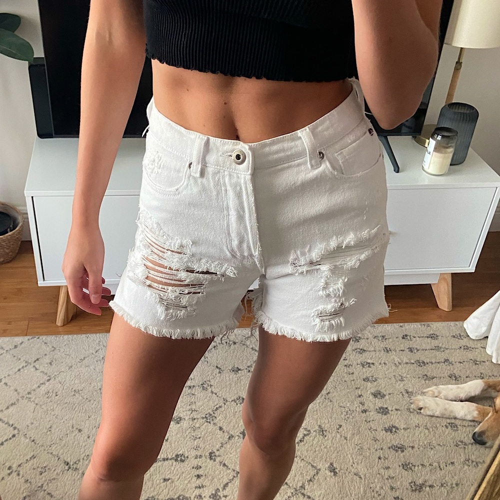 Pistola Button Fly White Denim Shorts with Destroyed Detail